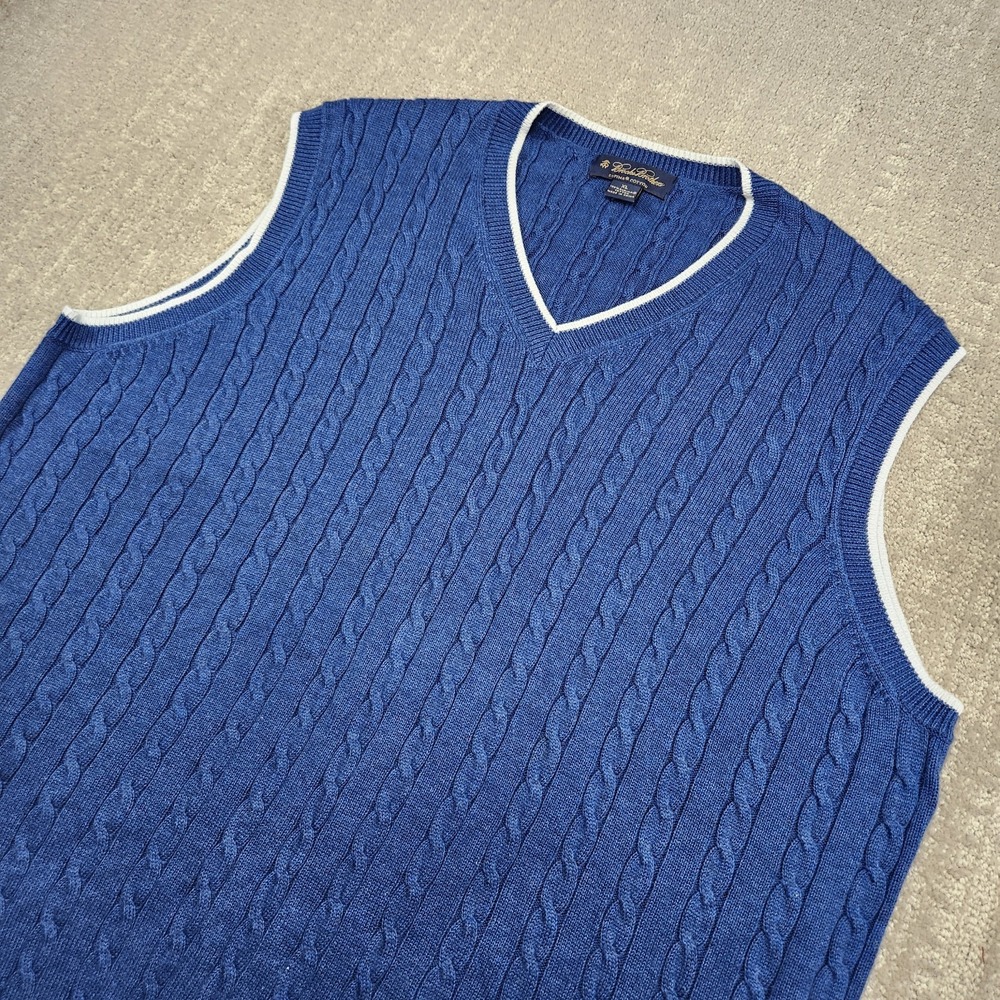 Brooks Brothers Sweater Vest Men XL Cable Knit V Neck Supima Cotton Blue Preppy